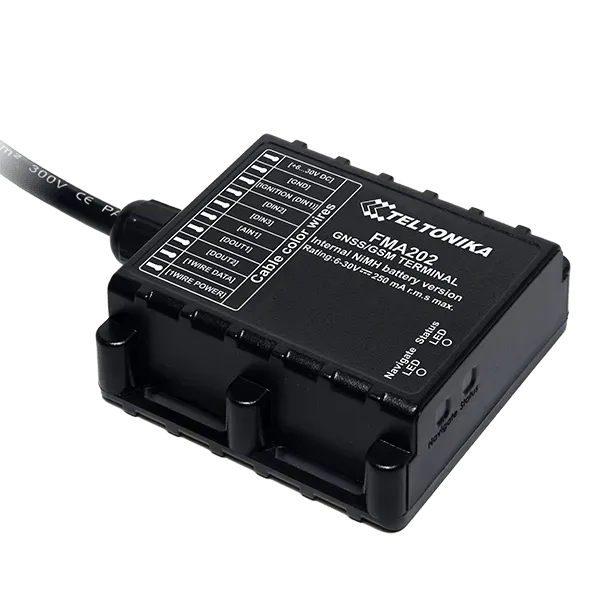 جهاز تتبع Teltonika FMB202 المقاوم للماء، IP67، بلوتوث، هوائيات GNSS/GSM، بطارية 400 مللي أمبير (تصل إلى يومين)، ذاكرة 128 ميجابايت، 3 مدخلات رقمية، نظام مضاد للسرقة متقدم.