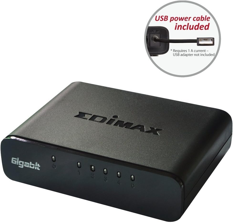Edimax 5-Port Gigabit Desktop Switch ES-5500G V3, 10/100/1000 Mbps, Unmanaged, Compact Design, Plug-and-Play, Inactive Link Detection, Cable Length Detection, Auto-Negotiation, Supports Jumbo Frames (up to 9K), Optional USB Power Supply.