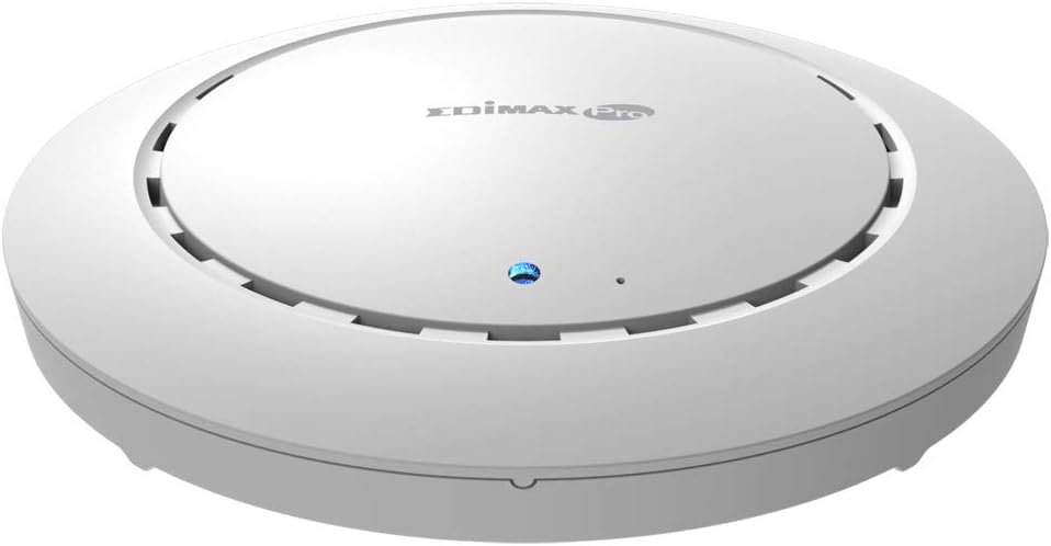 Edimax CAP1200 Ceiling Mount PoE Access Point, Dual-Band 802.11AC, Max Speed 1200Mbps, 4 x Built-In PIFA Antennas, Supports Power over Ethernet, Up to 100 Concurrent Clients, Compact Design for Business Environments.