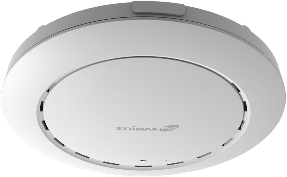 Edimax CAP1200 Ceiling Mount PoE Access Point, Dual-Band 802.11AC, Max Speed 1200Mbps, 4 x Built-In PIFA Antennas, Supports Power over Ethernet, Up to 100 Concurrent Clients, Compact Design for Business Environments.