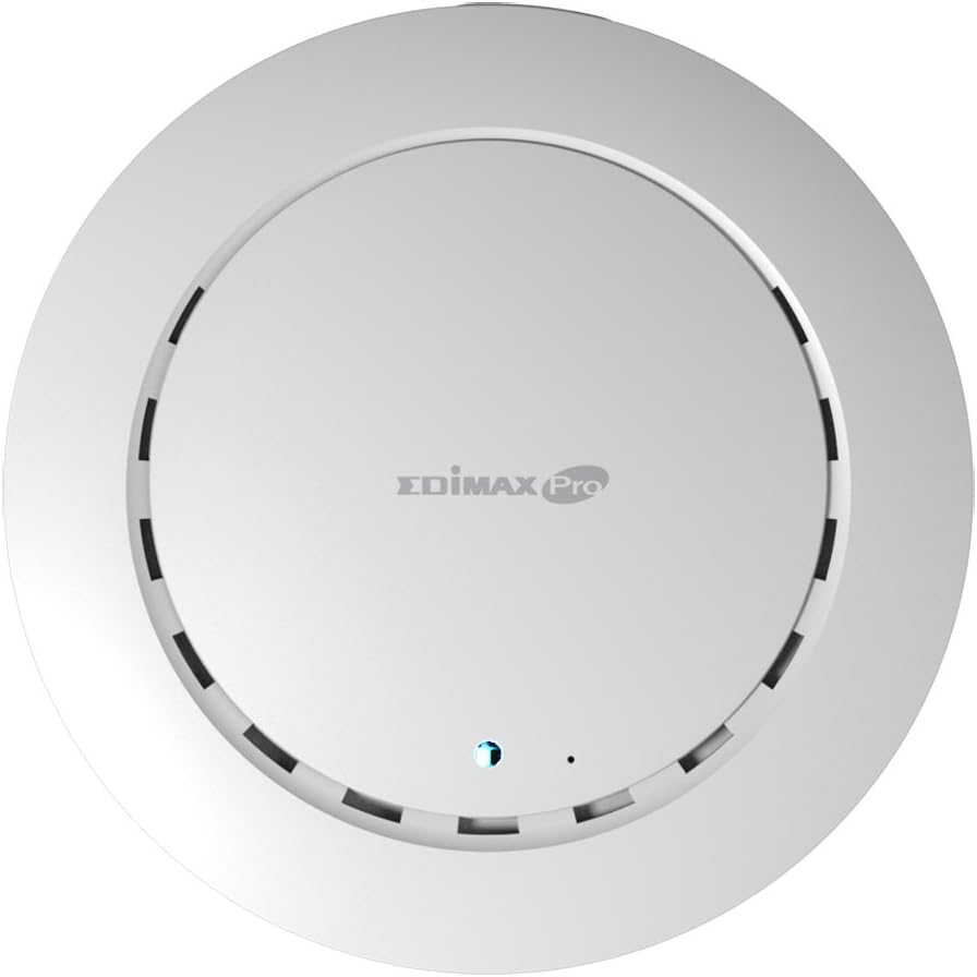 Edimax CAP1200 Ceiling Mount PoE Access Point, Dual-Band 802.11AC, Max Speed 1200Mbps, 4 x Built-In PIFA Antennas, Supports Power over Ethernet, Up to 100 Concurrent Clients, Compact Design for Business Environments.