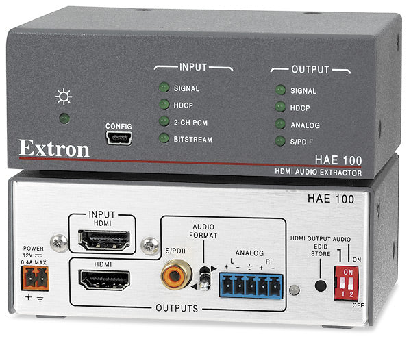 Extron HAE 100 HDMI Audio De-Embedder - HDMI audio de-embedding, analog stereo and digital S/PDIF outputs, HDCP compliant, 6.75 Gbps data rate, 1080p/60 or 1920x1200 resolution, 1U quarter rack width enclosure.