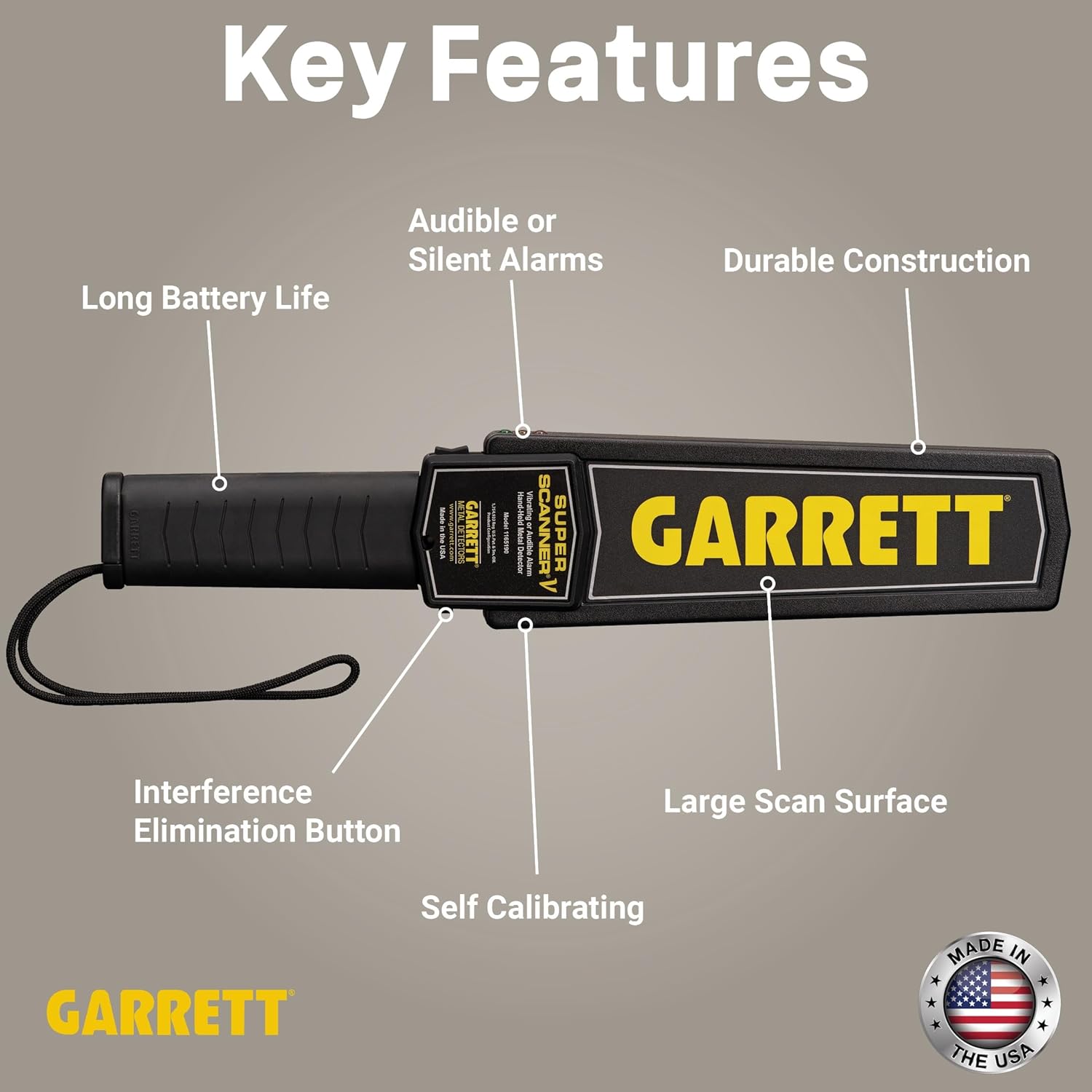 Garrett Super Scanner V Hand Held Metal Detector, High Sensitivity Detection, 100 Hours Battery Life, Audible and Vibration Alerts, Durable Design, Large 8-Inch Scan Surface