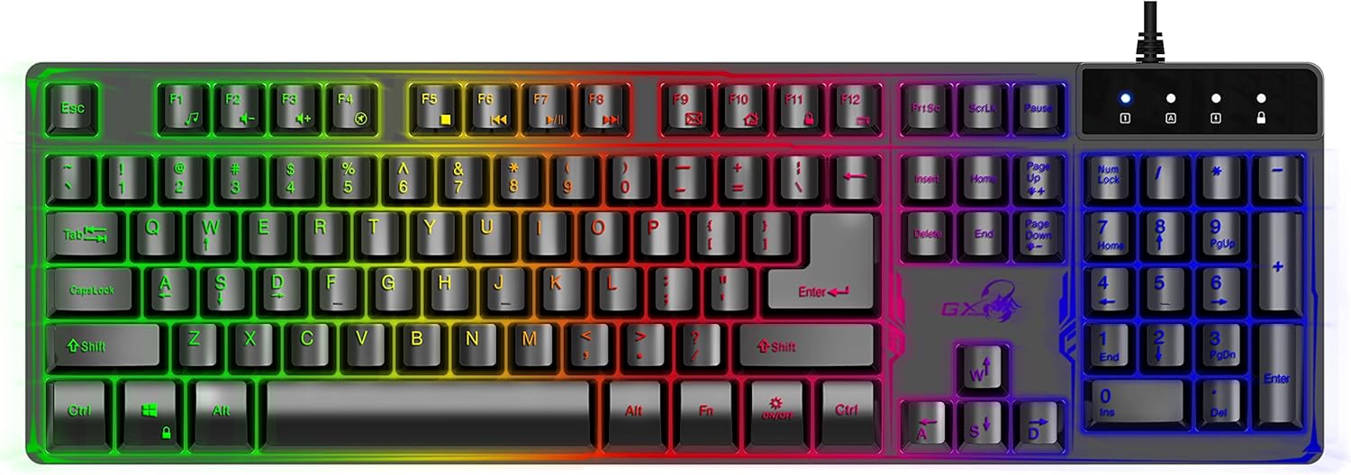 Genius K8 Gaming Keyboard, Programmable Function Keys, 7-Color LED Backlight, USB 2.0 Connection, Anti-Ghosting (19 Keys), 1.5m Cable Length, 835.5g Weight.