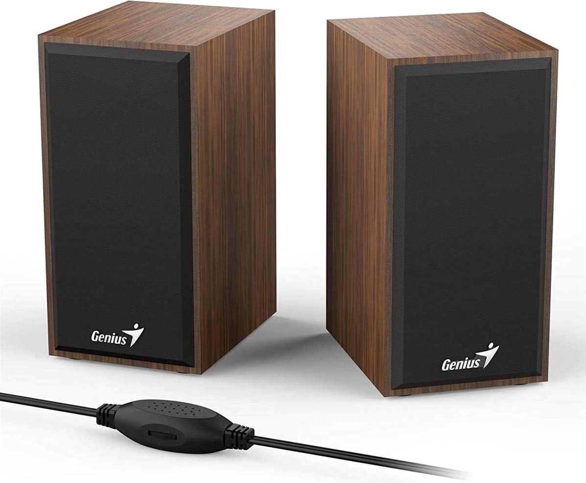 مكبر صوت Genius SP-HF180 – مكبرات صوت ستيريو خشبية بمنفذ USB بتصميم أنيق، وغطاء خشبي عالي الكثافة للحصول على صوت طبيعي، وسهولة التوصيل والتشغيل، ووحدة تحكم مدمجة في مستوى الصوت