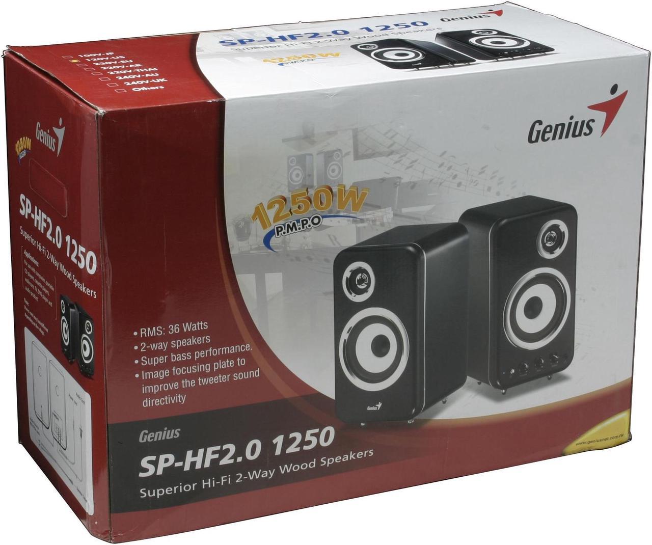 مكبرات صوت استريو Genius SP-HF 2.0 1250W PMPO - خرج 36 واط RMS، مكبر صوت 5.25 بوصة ومكبر صوت عالي التردد 1 بوصة، تصميم مضاد للاهتزاز، عناصر تحكم أمامية، مقبس سماعة رأس، مثالي لأنظمة الصوت المنزلية