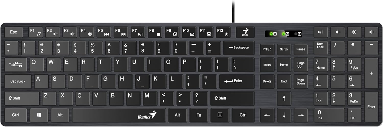 لوحة مفاتيح Genius SlimStar 126 USB، بالحجم الكامل مع لوحة أرقام، غطاء مفتاح نحيف للغاية، مفاتيح هادئة للغاية، 12 مفتاحًا للوسائط المتعددة، إعداد التوصيل والتشغيل، تخطيط إنجليزي/عربي.