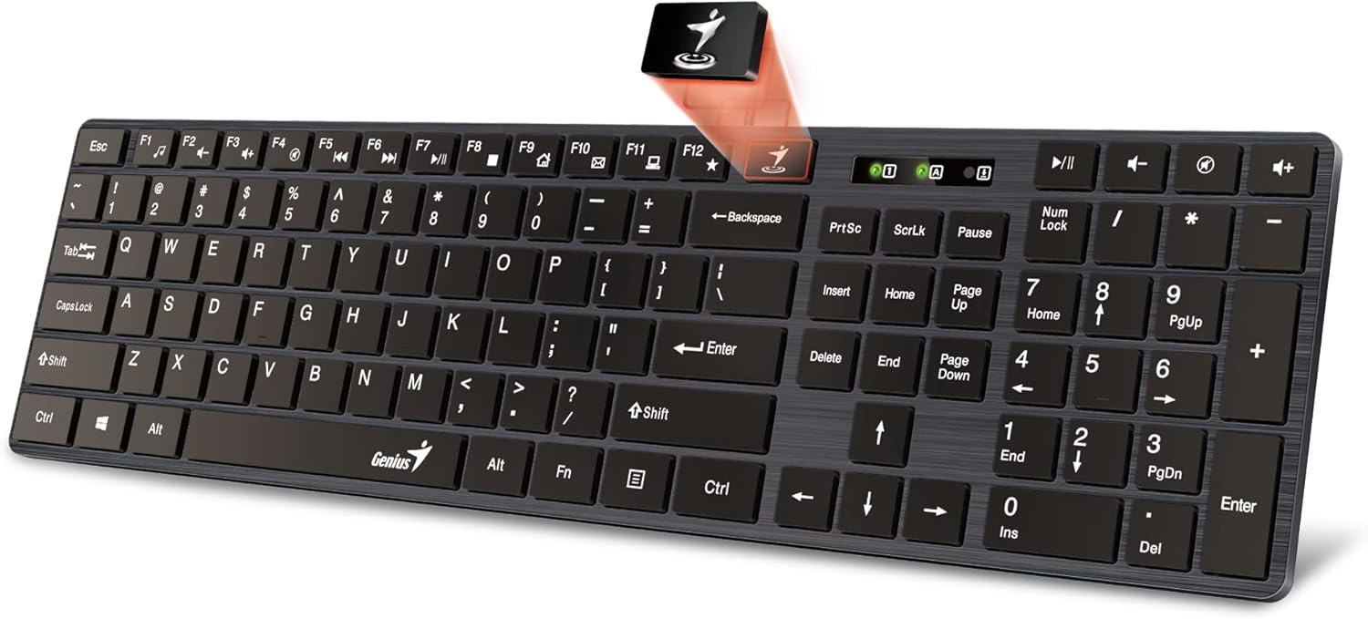 لوحة مفاتيح Genius SlimStar 126 USB، بالحجم الكامل مع لوحة أرقام، غطاء مفتاح نحيف للغاية، مفاتيح هادئة للغاية، 12 مفتاحًا للوسائط المتعددة، إعداد التوصيل والتشغيل، تخطيط إنجليزي/عربي.