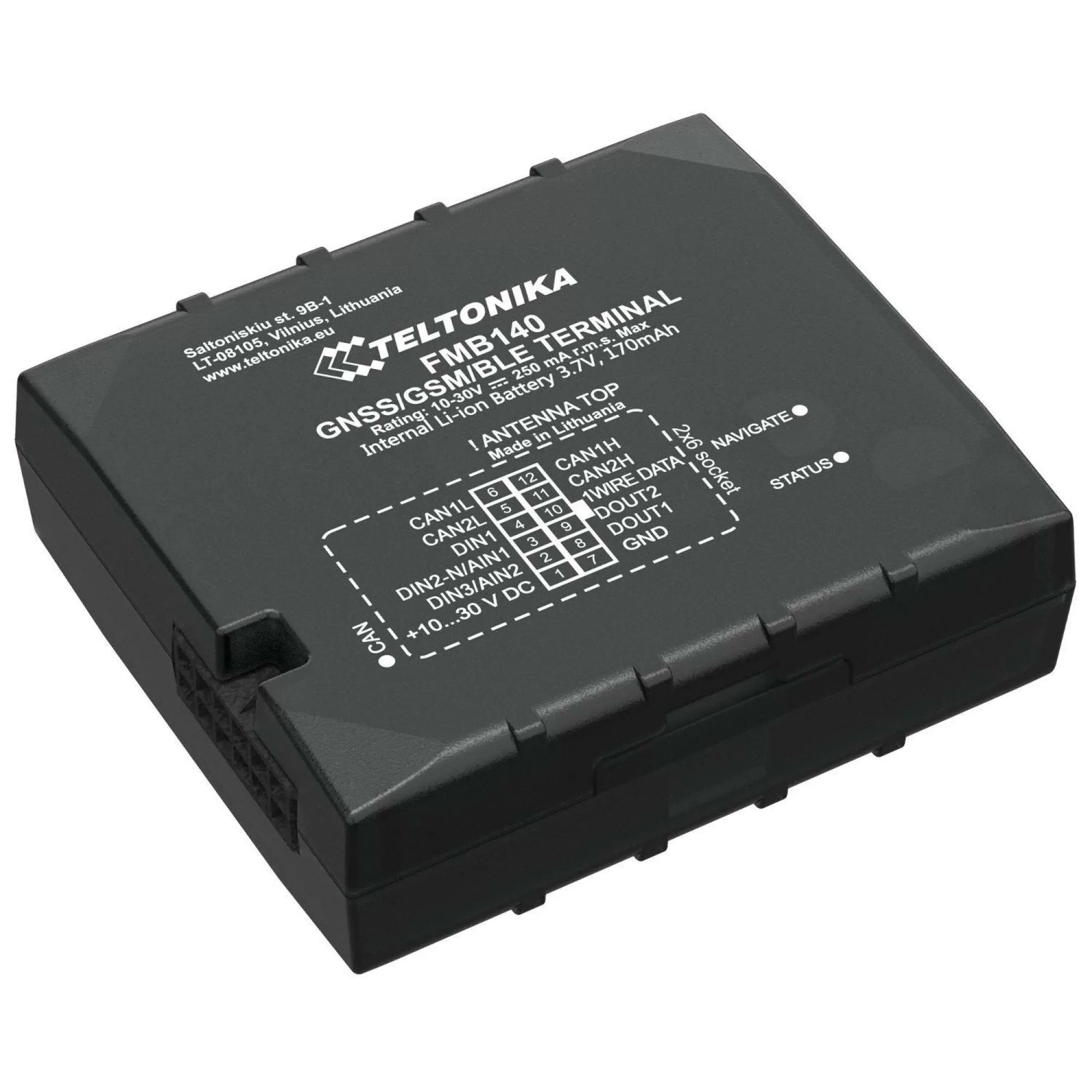 Teltonika FMB140 GPS Tracker, GNSS Support (GPS, GLONASS, GALILEO, BEIDOU), Bluetooth Capabilities, Tracking Sensitivity: 165 dBM, Position Accuracy: < 2.5 m, Quad Band GSM (850/900/1800/1900 MHz), Fast Start Times, GPRS Multi Slot Class 12.
