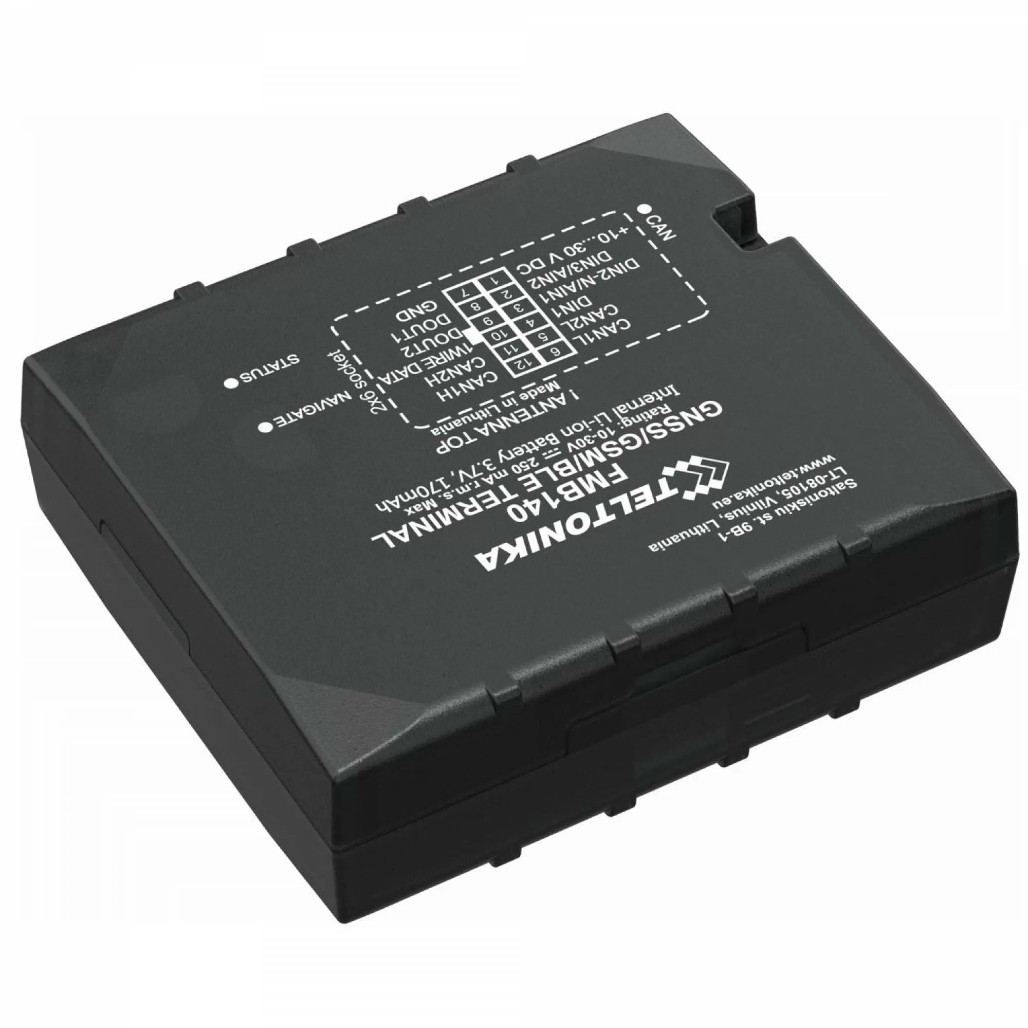 Teltonika FMB140 GPS Tracker, GNSS Support (GPS, GLONASS, GALILEO, BEIDOU), Bluetooth Capabilities, Tracking Sensitivity: 165 dBM, Position Accuracy: < 2.5 m, Quad Band GSM (850/900/1800/1900 MHz), Fast Start Times, GPRS Multi Slot Class 12.