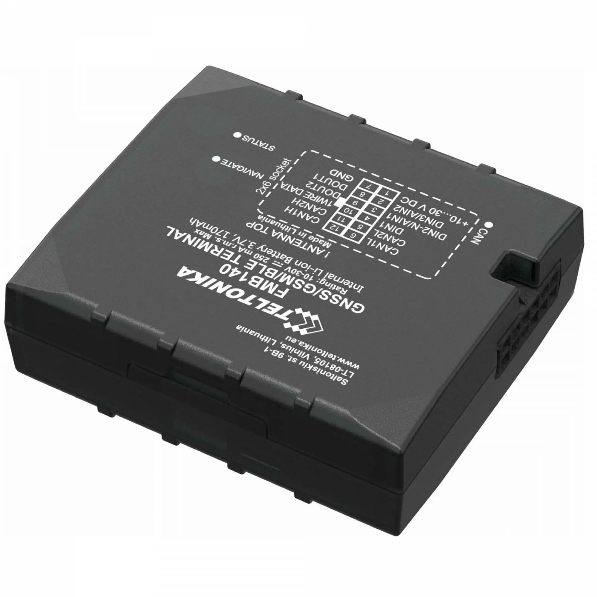 Teltonika FMB140 GPS Tracker, GNSS Support (GPS, GLONASS, GALILEO, BEIDOU), Bluetooth Capabilities, Tracking Sensitivity: 165 dBM, Position Accuracy: < 2.5 m, Quad Band GSM (850/900/1800/1900 MHz), Fast Start Times, GPRS Multi Slot Class 12.