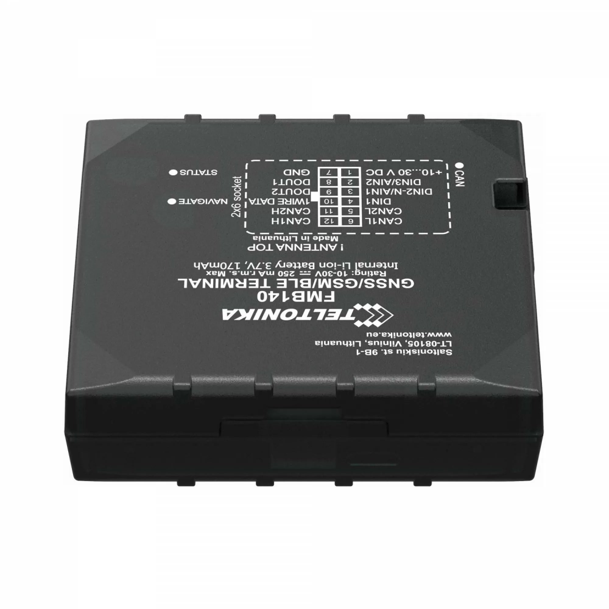 Teltonika FMB140 GPS Tracker, GNSS Support (GPS, GLONASS, GALILEO, BEIDOU), Bluetooth Capabilities, Tracking Sensitivity: 165 dBM, Position Accuracy: < 2.5 m, Quad Band GSM (850/900/1800/1900 MHz), Fast Start Times, GPRS Multi Slot Class 12.
