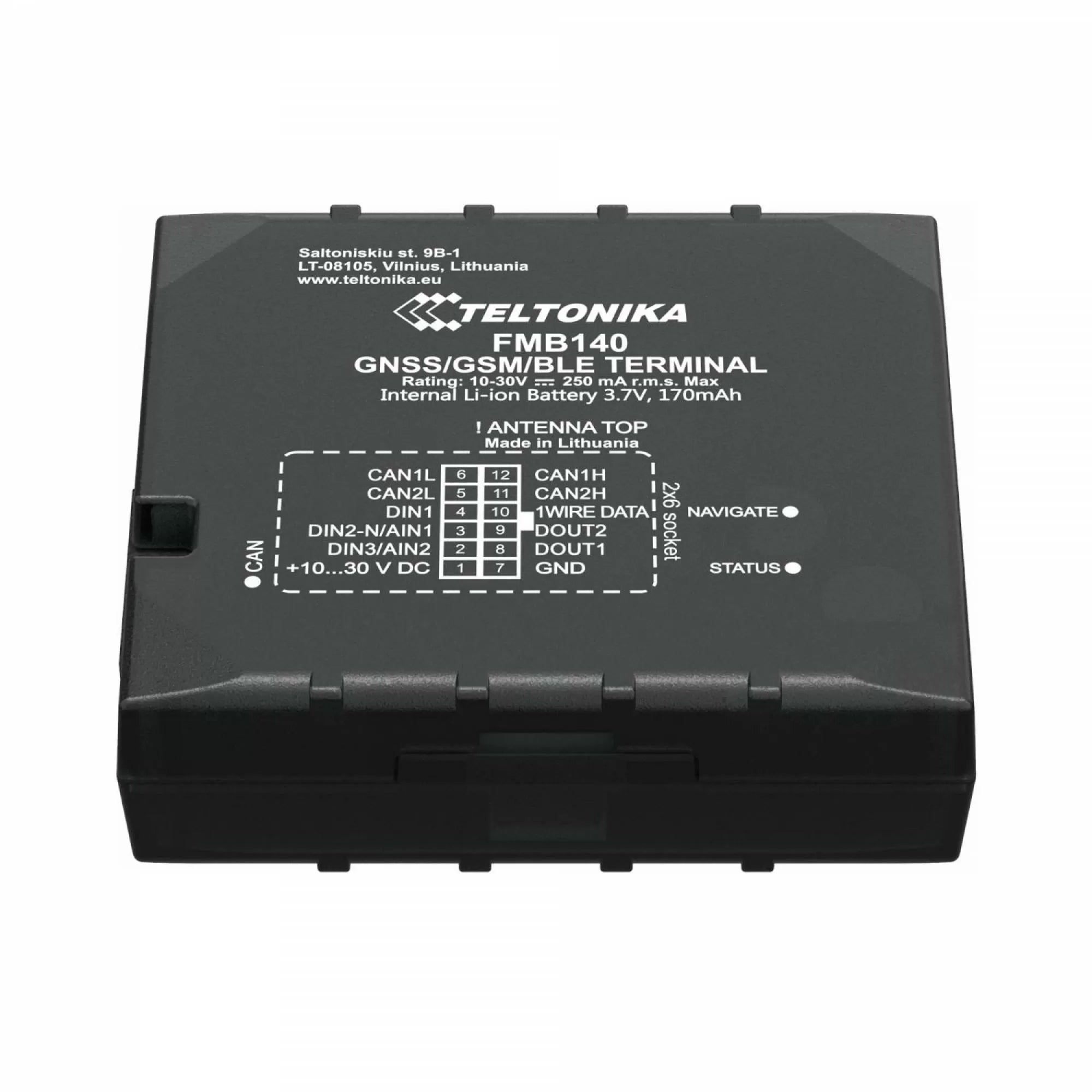 Teltonika FMB140 GPS Tracker, GNSS Support (GPS, GLONASS, GALILEO, BEIDOU), Bluetooth Capabilities, Tracking Sensitivity: 165 dBM, Position Accuracy: < 2.5 m, Quad Band GSM (850/900/1800/1900 MHz), Fast Start Times, GPRS Multi Slot Class 12.
