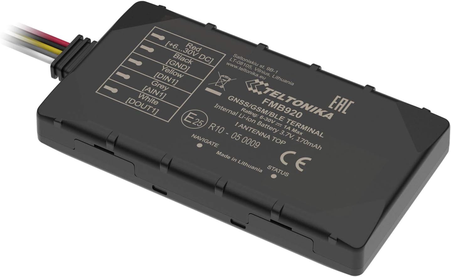 محطة تتبع الضوء Teltonika FMB920 في الوقت الحقيقي، GNSS، GSM، بلوتوث، IP54، 80g، تدعم مستشعرات BLE، 1 مدخل/مخرج رقمي، ما يصل إلى 32 جيجابايت Micro SD، التحكم عن بعد عبر الرسائل القصيرة.