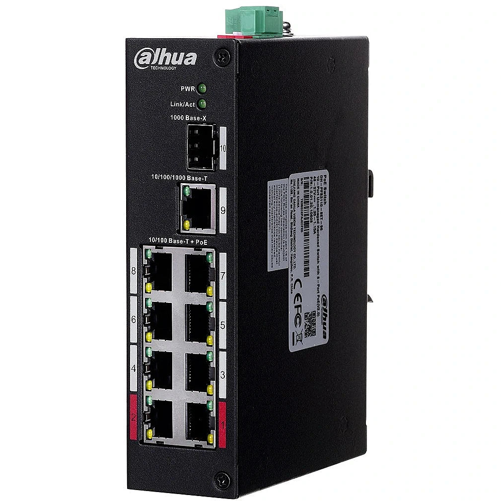 Dahua DH-PFS3110-8ET-96 8-Port PoE Switch, Unmanaged, Layer 2 Hardened, Supports IEEE802.3af/at, Hi-PoE 60W on Ports 1-2, Total PoE Power 96W, Operating Temp -30°C to 65°C, MAC Address Capacity 8K, 7.6G Switching Capacity.