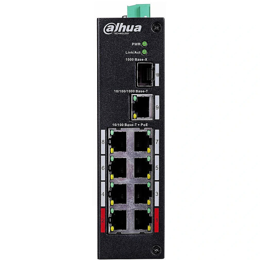 Dahua DH-PFS3110-8ET-96 8-Port PoE Switch, Unmanaged, Layer 2 Hardened, Supports IEEE802.3af/at, Hi-PoE 60W on Ports 1-2, Total PoE Power 96W, Operating Temp -30°C to 65°C, MAC Address Capacity 8K, 7.6G Switching Capacity.