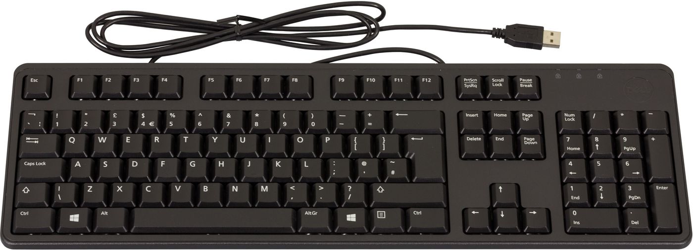 Dell KB212-B Wired Keyboard, 104 Keys QWERTY Layout, Quiet Typing, USB Plug-and-Play, Spill-Resistant, Compatible with Windows 10, Adjustable Tilt for Comfort, Durable Construction.