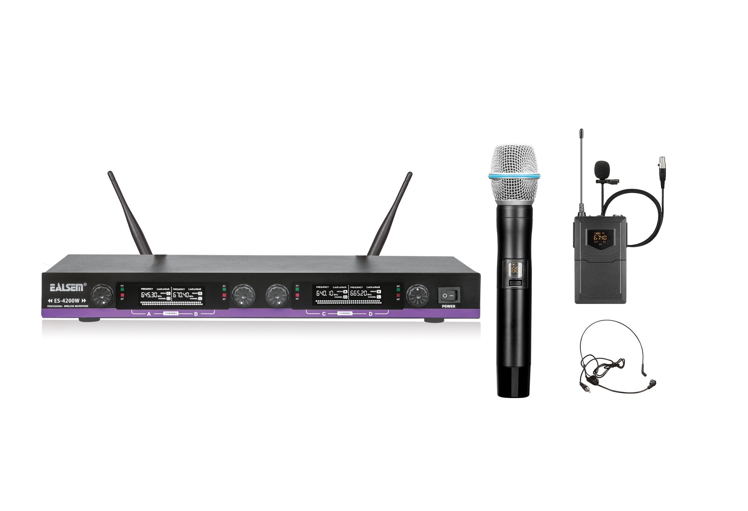 Ealsem ES-4200W Wireless Microphone – Handheld, UHF, 4 Channel, Omni-Directional, 30MV Output