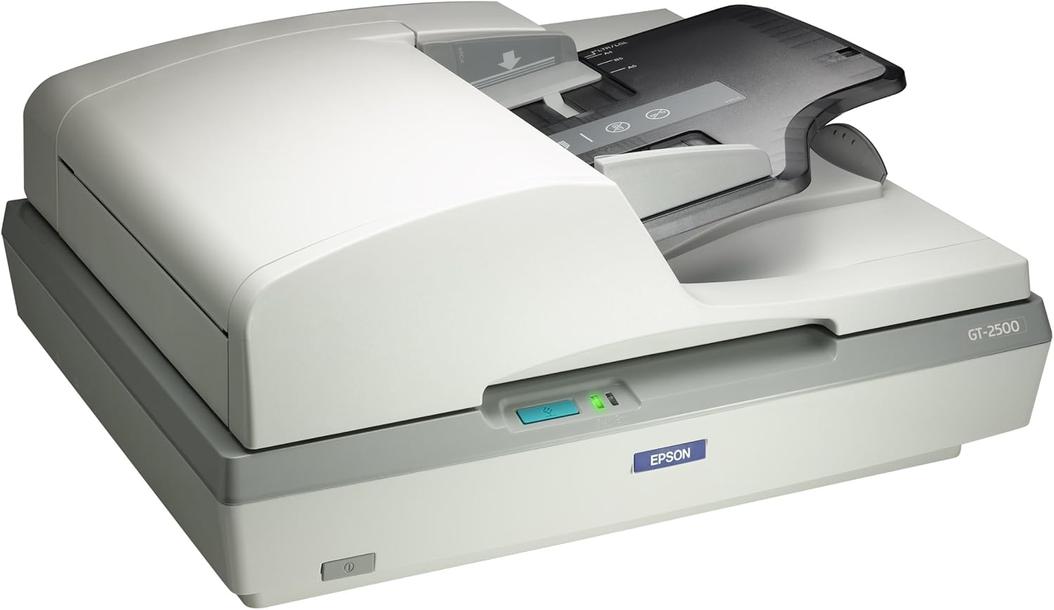 Epson GT-2500 Scanner, 1200 dpi optical resolution, 27 ppm black scan speed, 11 ppm color scan speed, 50-sheet duplex ADF, handles documents up to 8.5 x 14 in.