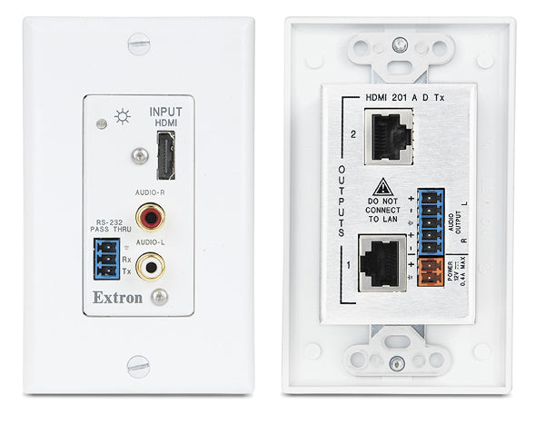 كابل Extron HDMI 201 AD Tx/Rx، بدقة 1920x1200/1080 بكسل، وسرعة نقل 4.95 جيجابت في الثانية، ومسافة نقل 200 قدم، وصوت استريو، وتحكم RS-232/IR، ومتوافق مع HDCP، ولوحة حائط على طراز Decorator.