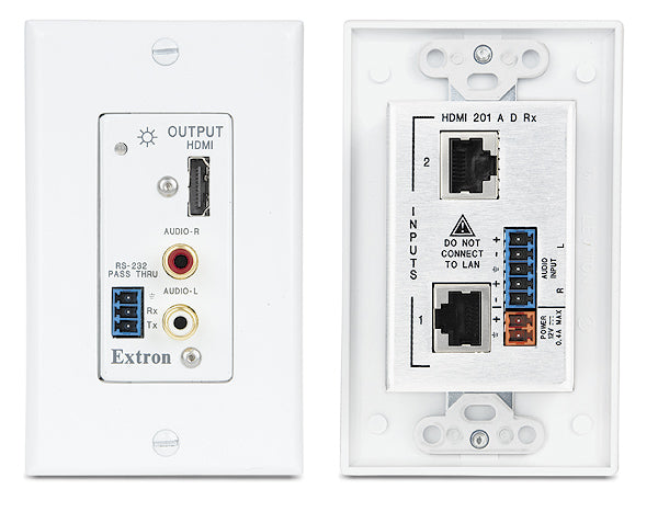 كابل Extron HDMI 201 AD Tx/Rx، بدقة 1920x1200/1080 بكسل، وسرعة نقل 4.95 جيجابت في الثانية، ومسافة نقل 200 قدم، وصوت استريو، وتحكم RS-232/IR، ومتوافق مع HDCP، ولوحة حائط على طراز Decorator.