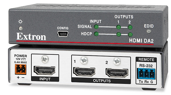 مضخم توزيع Extron HDMI DA2، مدخل HDMI واحد، مخرجان HDMI، 6.75 جيجابت في الثانية، 1080 بكسل 60 هرتز، ألوان عميقة 12 بت، جهاز EDID Minder، جهاز تذكير بالمفاتيح، قابل للتركيب على الرف، مصدر طاقة خارجي.