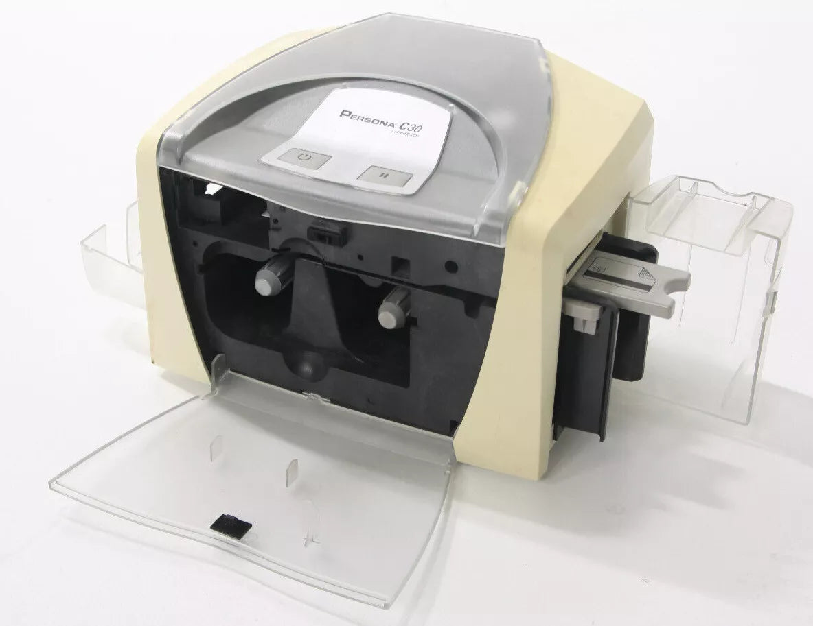 Fargo Persona C30 - Affordable ID card printer, 300 dpi dye-sublimation printing, 7 seconds per card speed, front-loading all-in-one ribbon cartridge, USB interface, single/dual-sided printing options.