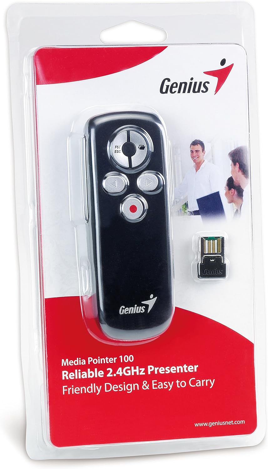 GENIUS Media Pointer 100، جهاز عرض لاسلكي ذكي بتردد 2.4 جيجاهرتز، نطاق 10 أمتار، تصميم سهل الاستخدام، وظائف الصفحة لأعلى/لأسفل، واجهة USB، يتضمن جهاز استقبال بيكو وبطاريات