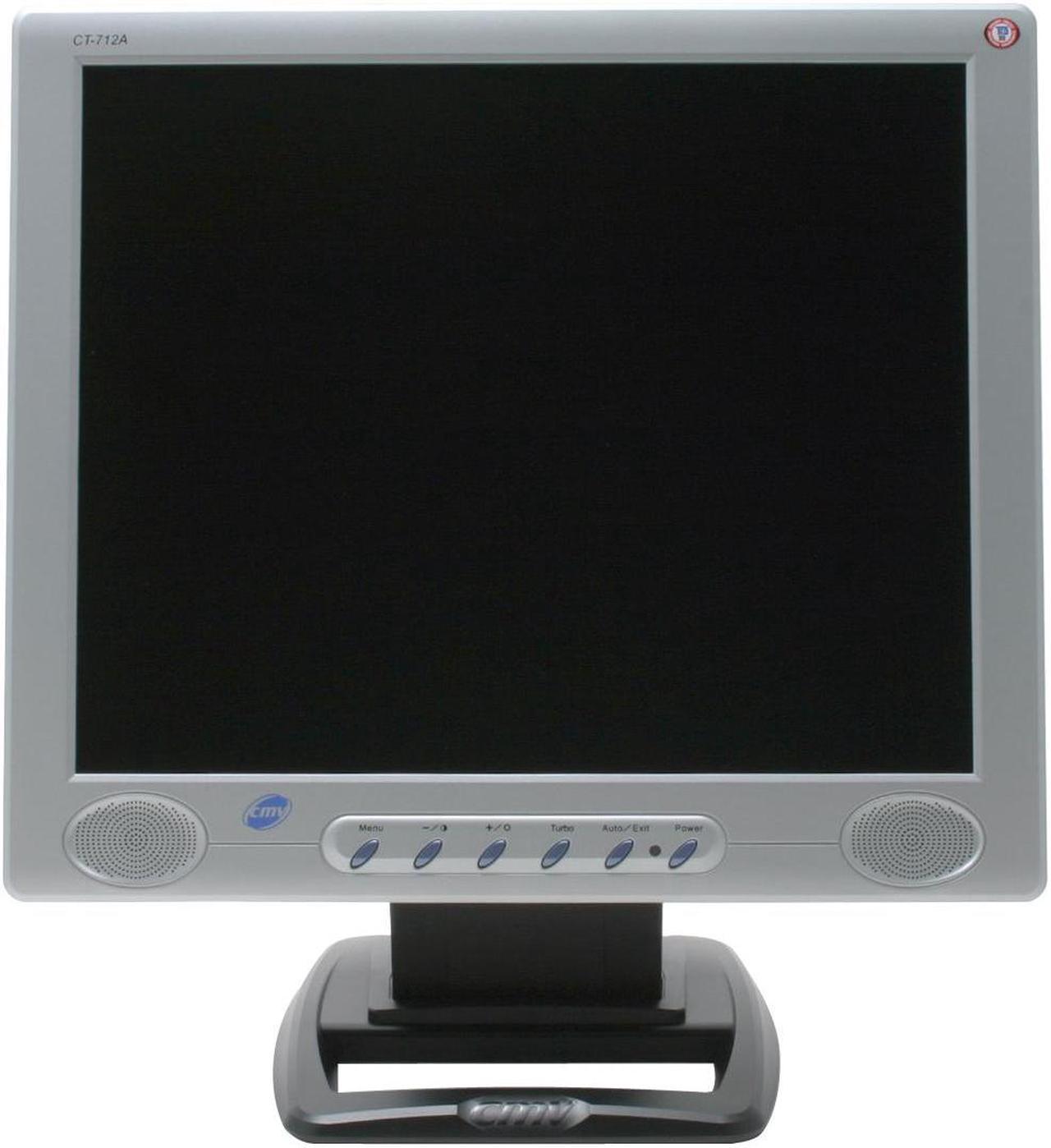 شاشة GENX CMV CT-712A، مقاس 17 بوصة، دقة 1280 × 1024، سطوع 400 شمعة/م²، نسبة تباين 500:1، زمن استجابة 6 مللي ثانية، مدخل RGB تناظري، حامل مائل، 2 مكبر صوت مدمج.