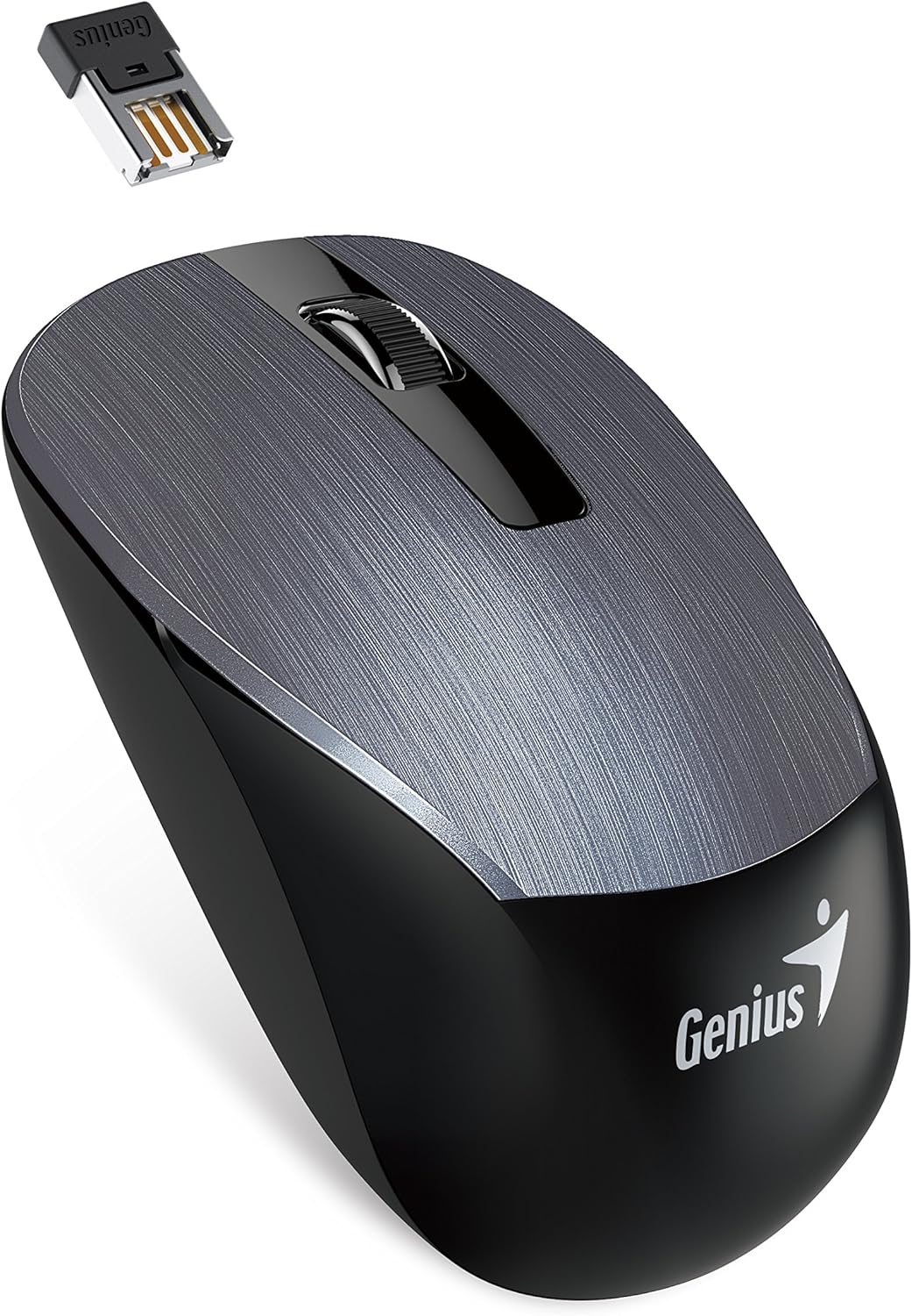 ماوس Genius NX-7015 Blue Eye، لاسلكي 2.4 جيجا هرتز، مستشعر بصري، 800-1600 نقطة في البوصة، 3 أزرار، لون فضي، يعمل بالبطارية AA، متوافق مع أنظمة التشغيل Windows وMac OS.