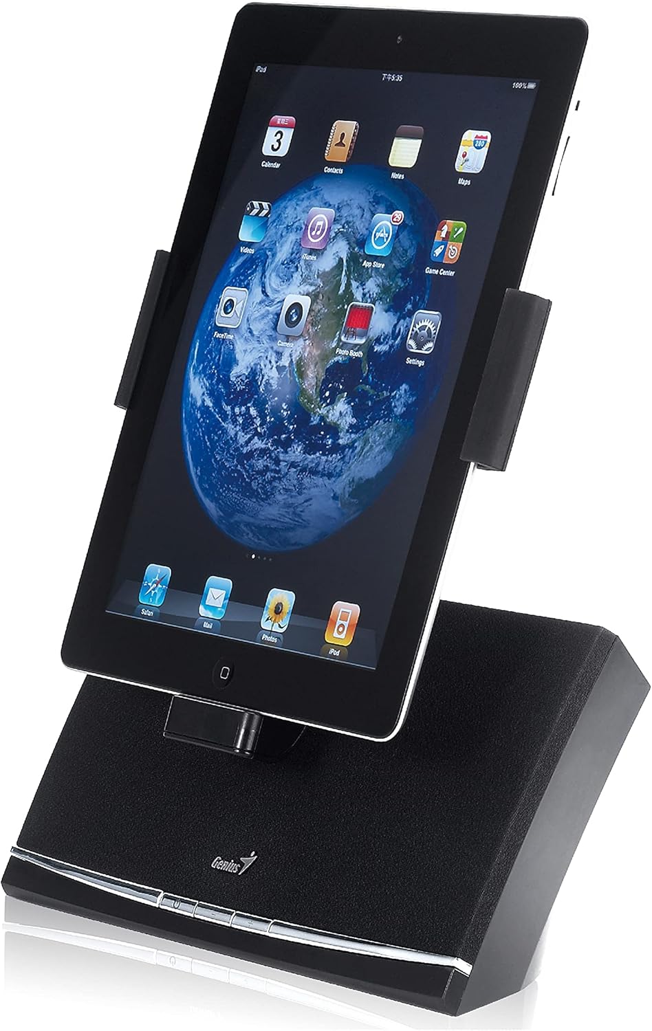 قاعدة سماعات Genius SP-i600 لأجهزة iPad/iPhone – مشغلات مزدوجة مقاس 2 بوصة، خرج 4 وات، قاعدة إرساء دوارة، جهاز تحكم عن بعد متضمن