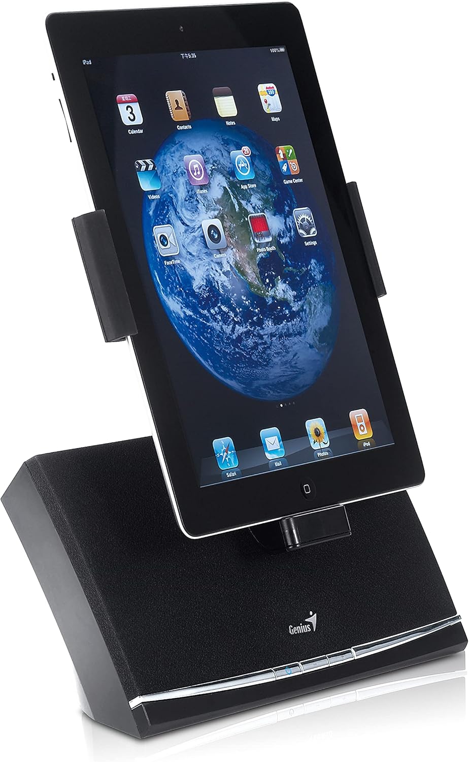 قاعدة سماعات Genius SP-i600 لأجهزة iPad/iPhone – مشغلات مزدوجة مقاس 2 بوصة، خرج 4 وات، قاعدة إرساء دوارة، جهاز تحكم عن بعد متضمن