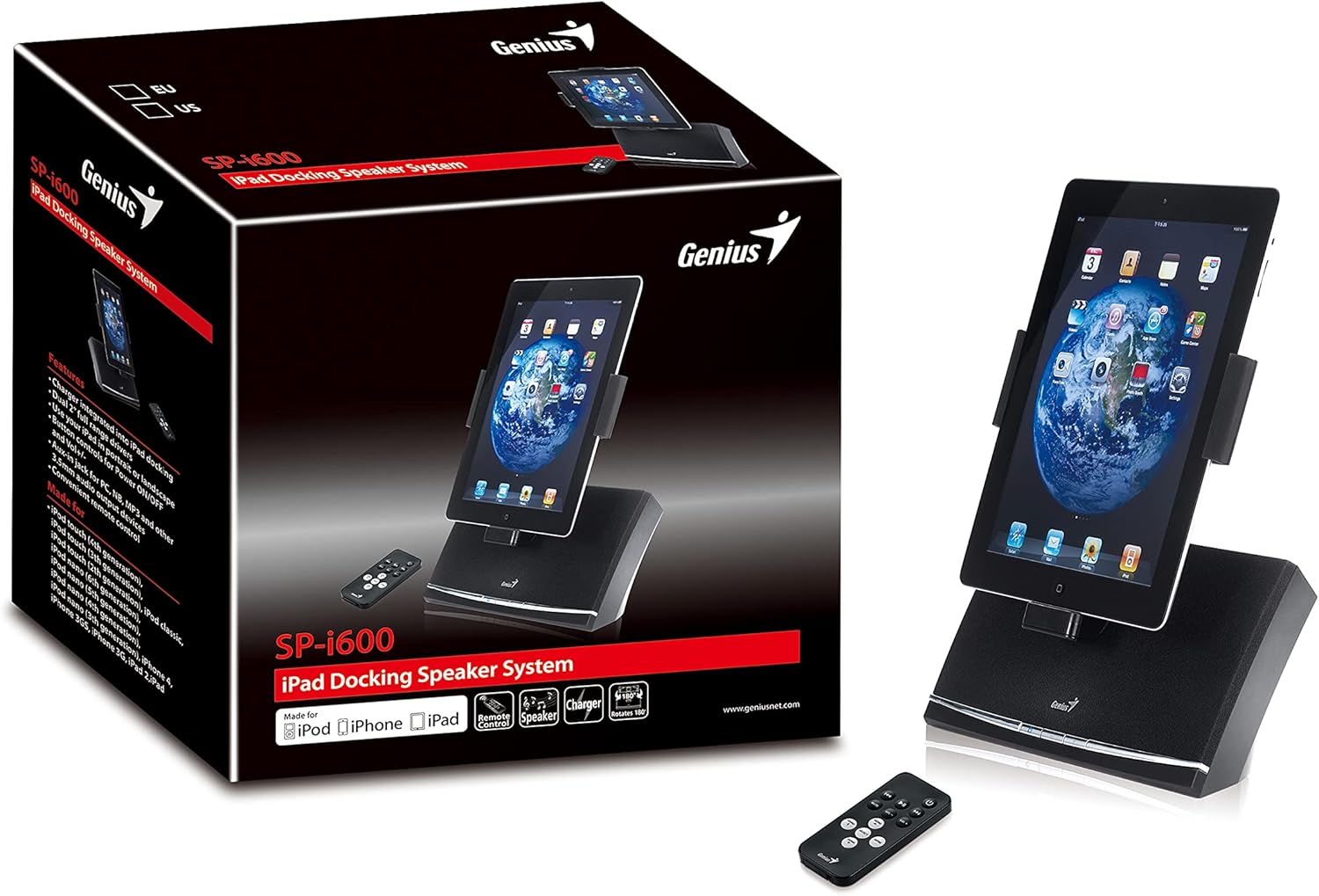 قاعدة سماعات Genius SP-i600 لأجهزة iPad/iPhone – مشغلات مزدوجة مقاس 2 بوصة، خرج 4 وات، قاعدة إرساء دوارة، جهاز تحكم عن بعد متضمن