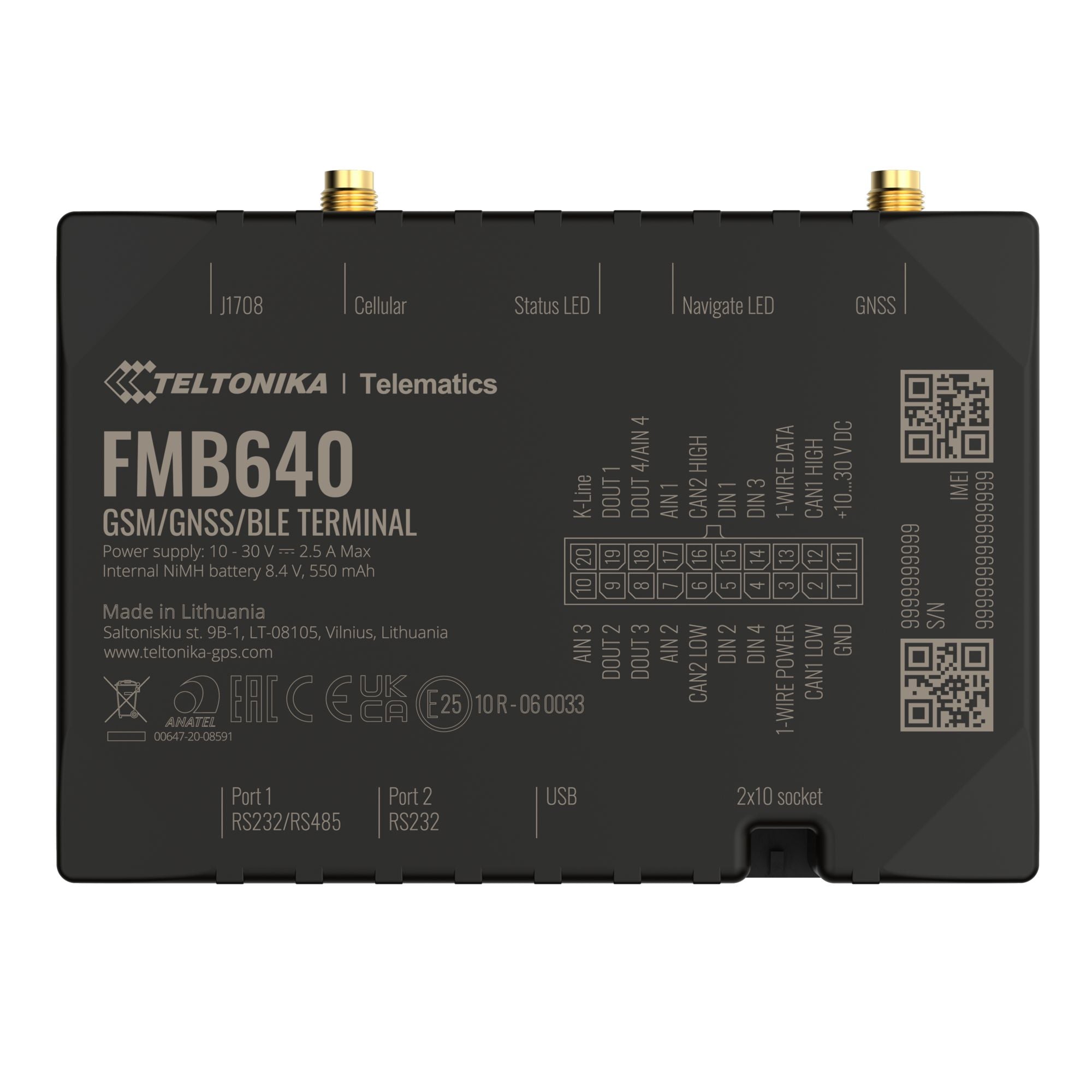 محطة Teltonika FMB640 GNSS/GSM، بطاقة SIM مزدوجة، 2G GSM، قراءة بيانات التاكوغراف، بيانات FMS CAN، 4 مدخلات/مخرجات رقمية، بلوتوث، بطارية 550 مللي أمبير، حماية IP41.