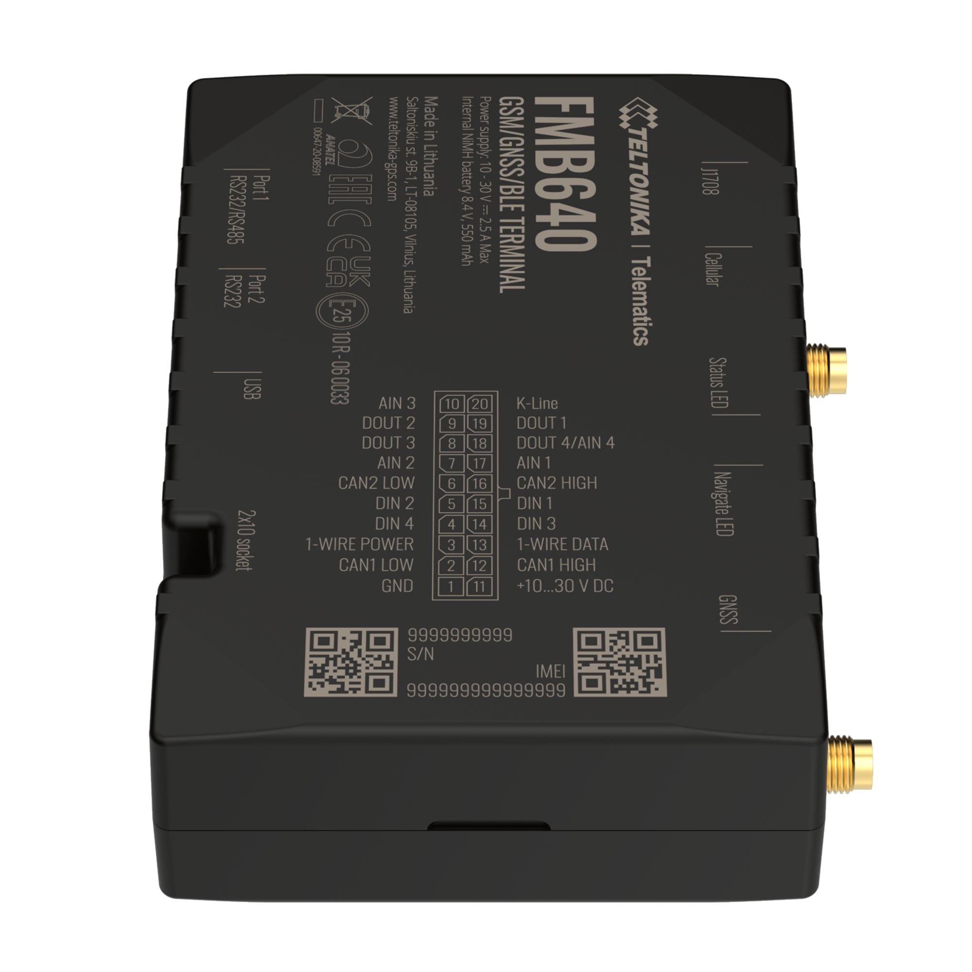 محطة Teltonika FMB640 GNSS/GSM، بطاقة SIM مزدوجة، 2G GSM، قراءة بيانات التاكوغراف، بيانات FMS CAN، 4 مدخلات/مخرجات رقمية، بلوتوث، بطارية 550 مللي أمبير، حماية IP41.