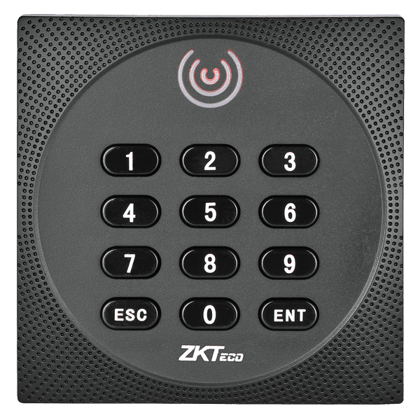 ZKTeco KR602E RFID + PIN Reader - Proximity Card Reader, 125KHz/13.56MHz, Read Range Up to 10 cm (RFID), 5 cm (Mifare), Waterproof IP64, 26/34 Bit Wiegand Output, LED and Buzzer Control, Operating Temp -20° to +65°C.