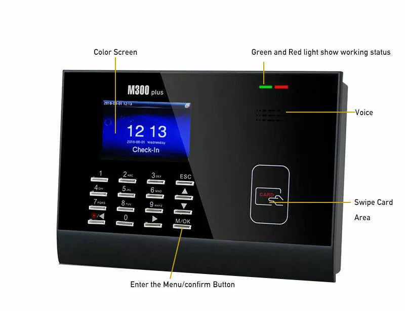 ZKTeco M300Plus Fingerprint Time Attendance Terminal, 3-Inch Display, 30,000 ID Card Capacity, TCP/IP, RS232/485, USB